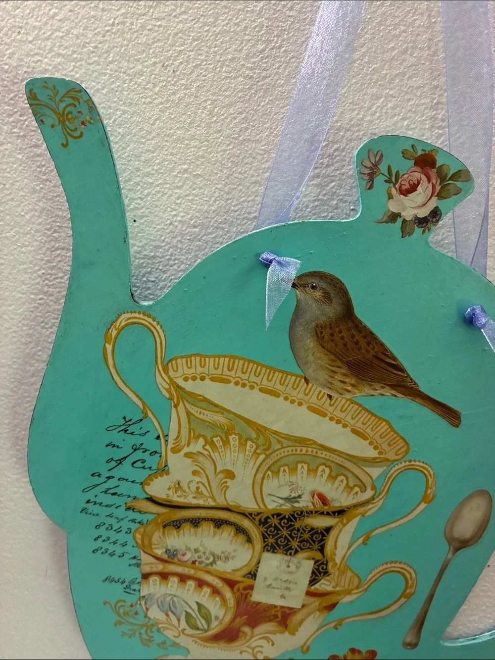 Turquoise Teapot Wood Wall Plaque with Vintage Tea Cup Illustration